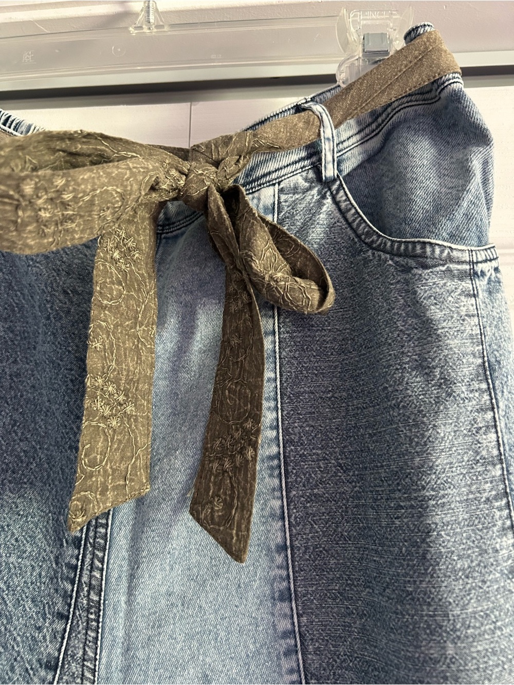Wide Leg Pull-on Denim Pants with Olive Lace Hem - Picture 2 of 5